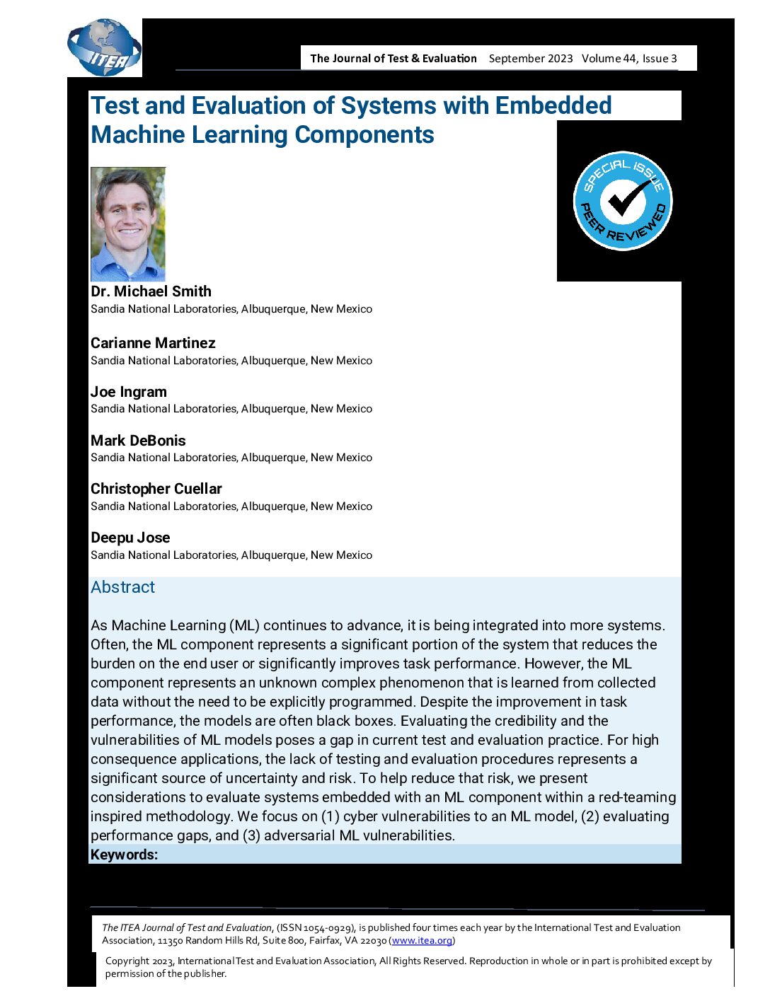 Test and Evaluation of Systems with Embedded Machine Learning Components