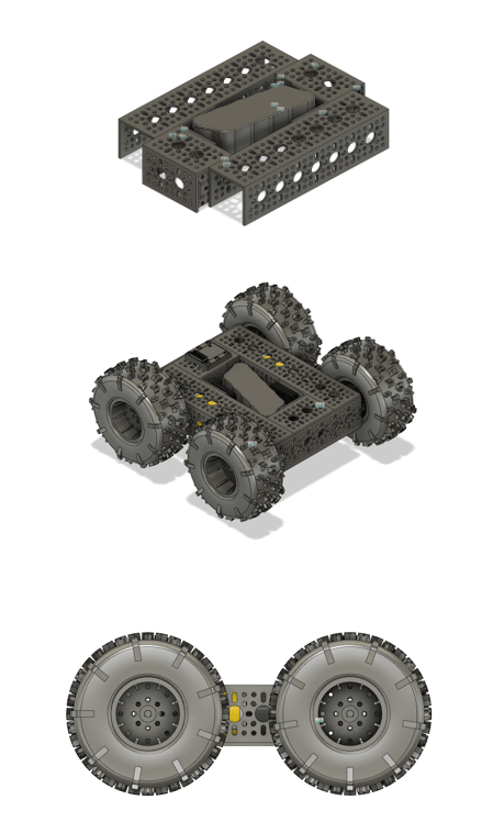 Figure 4: Battery inside early chassis prototype, Side view of the chassis with wheels, Final chassis design